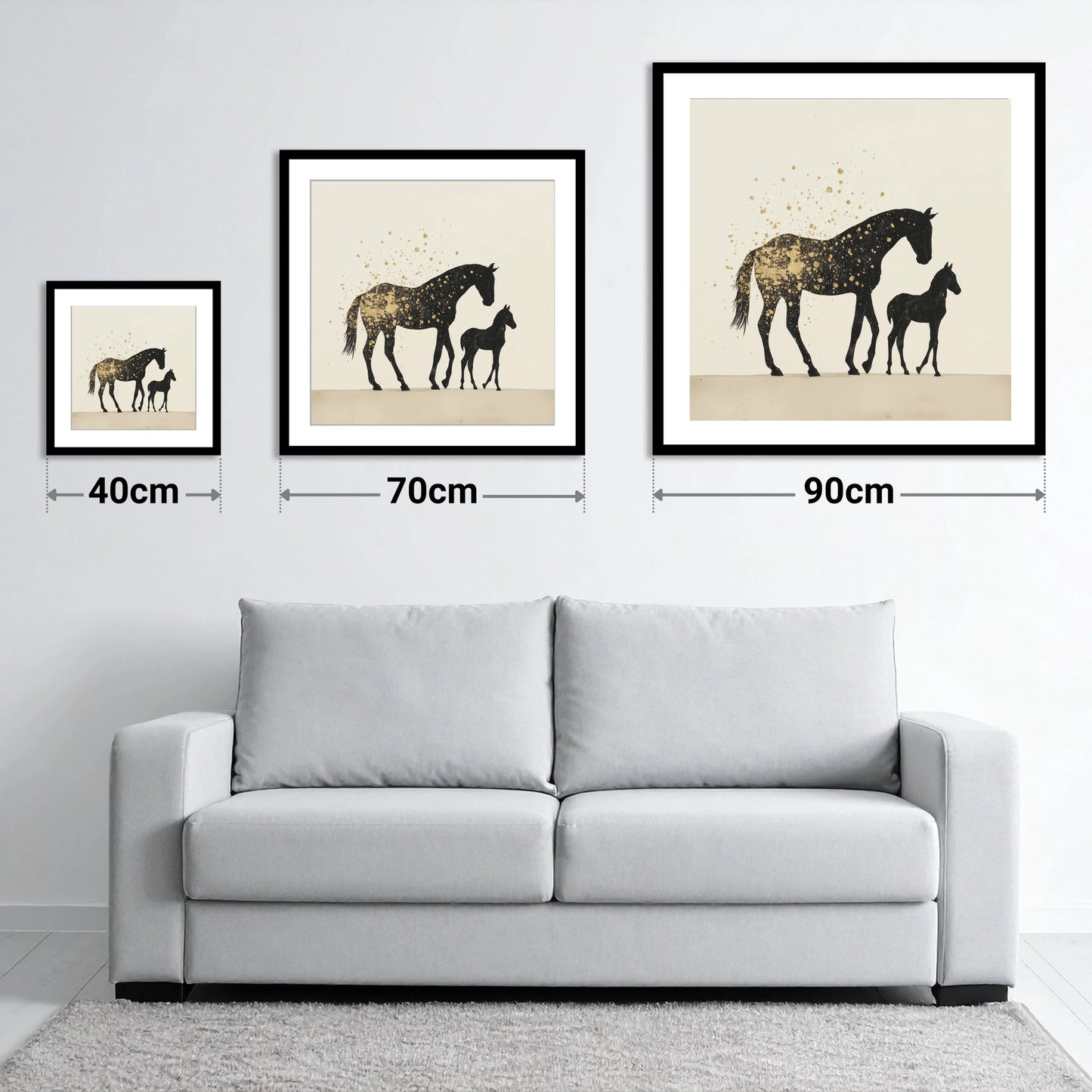 Gilded Bonds - size guide showing 40cm, 70cm and 90cm art prints