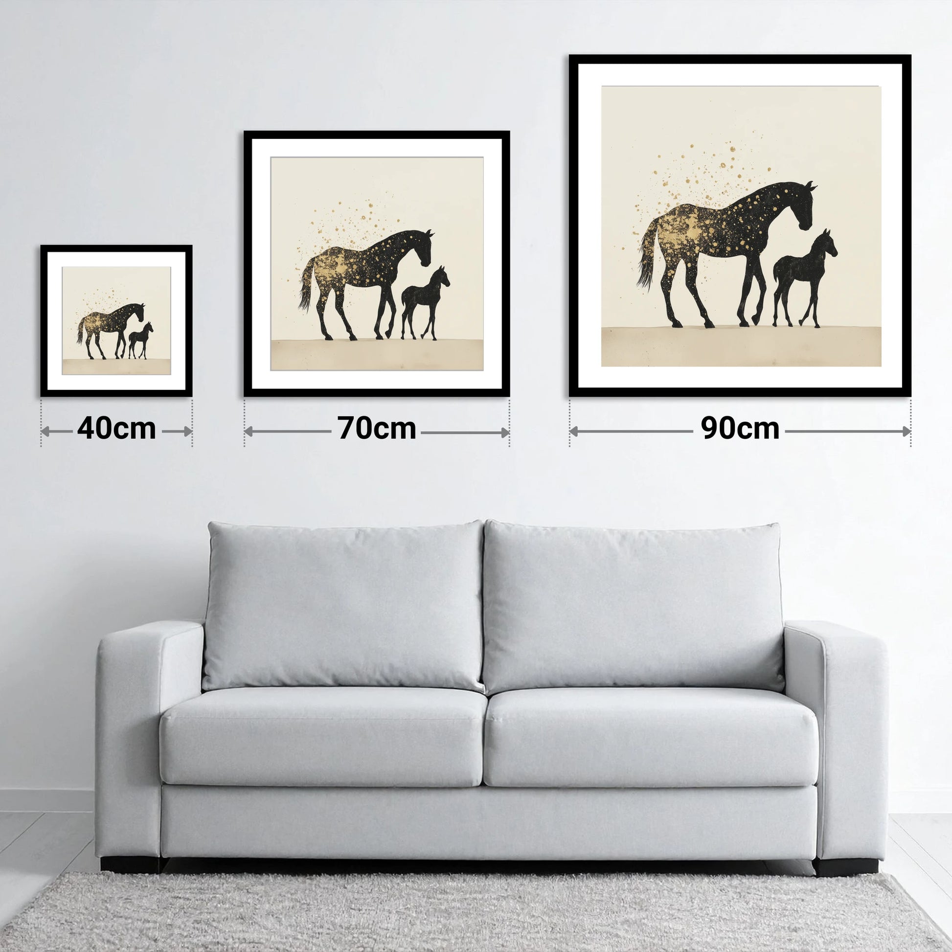 Gilded Bonds - size guide showing 40cm, 70cm and 90cm art prints