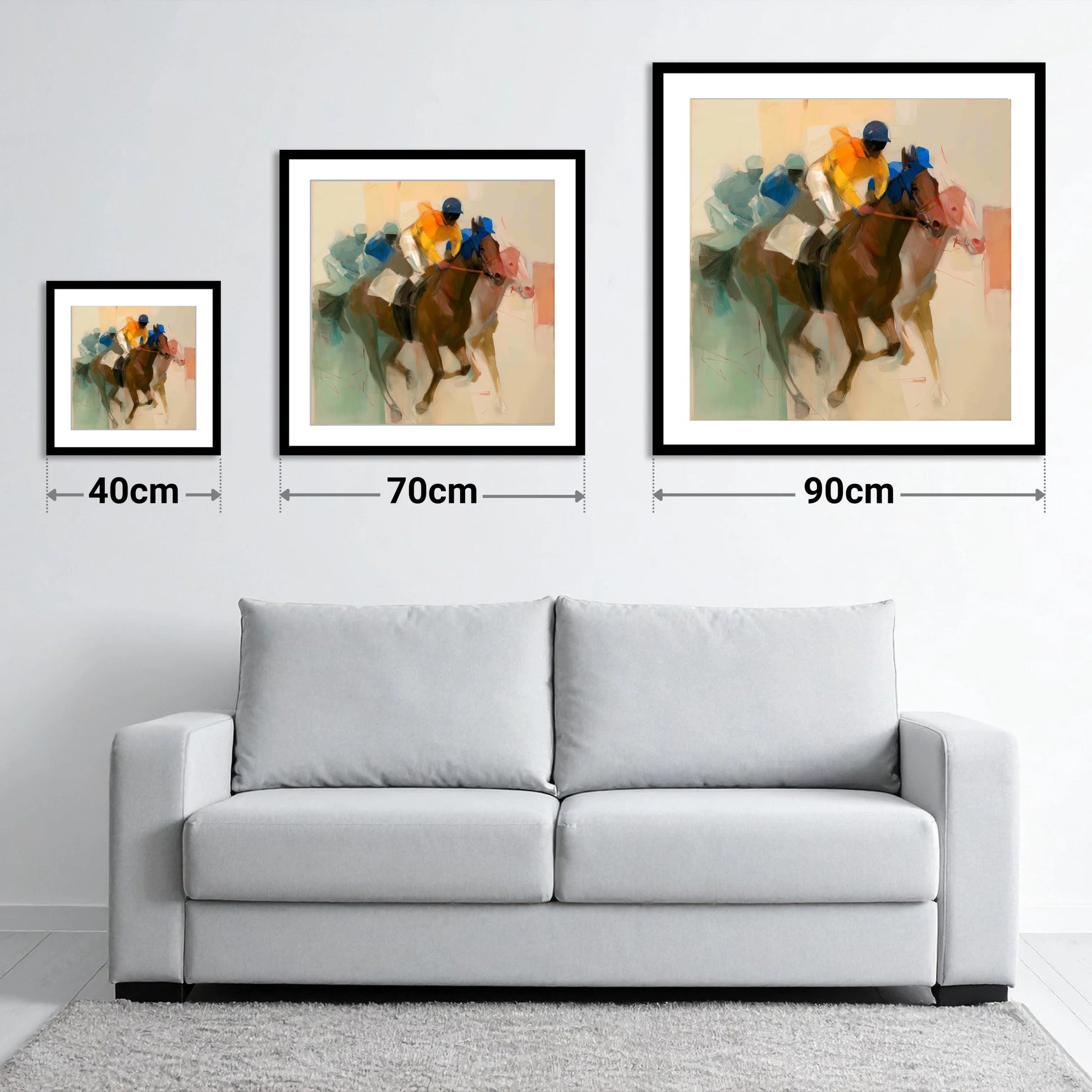 Breakaway Pace - size guide showing 40cm, 70cm and 90cm art prints