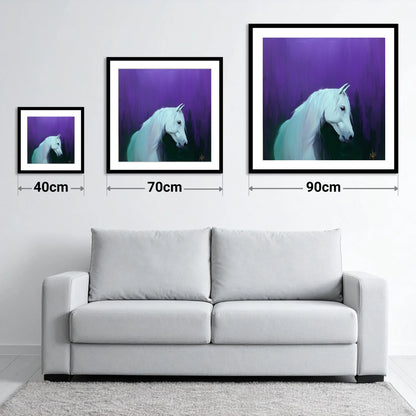 Ethereal Grey in Violet - size guide showing 40cm, 70cm and 90cm art prints