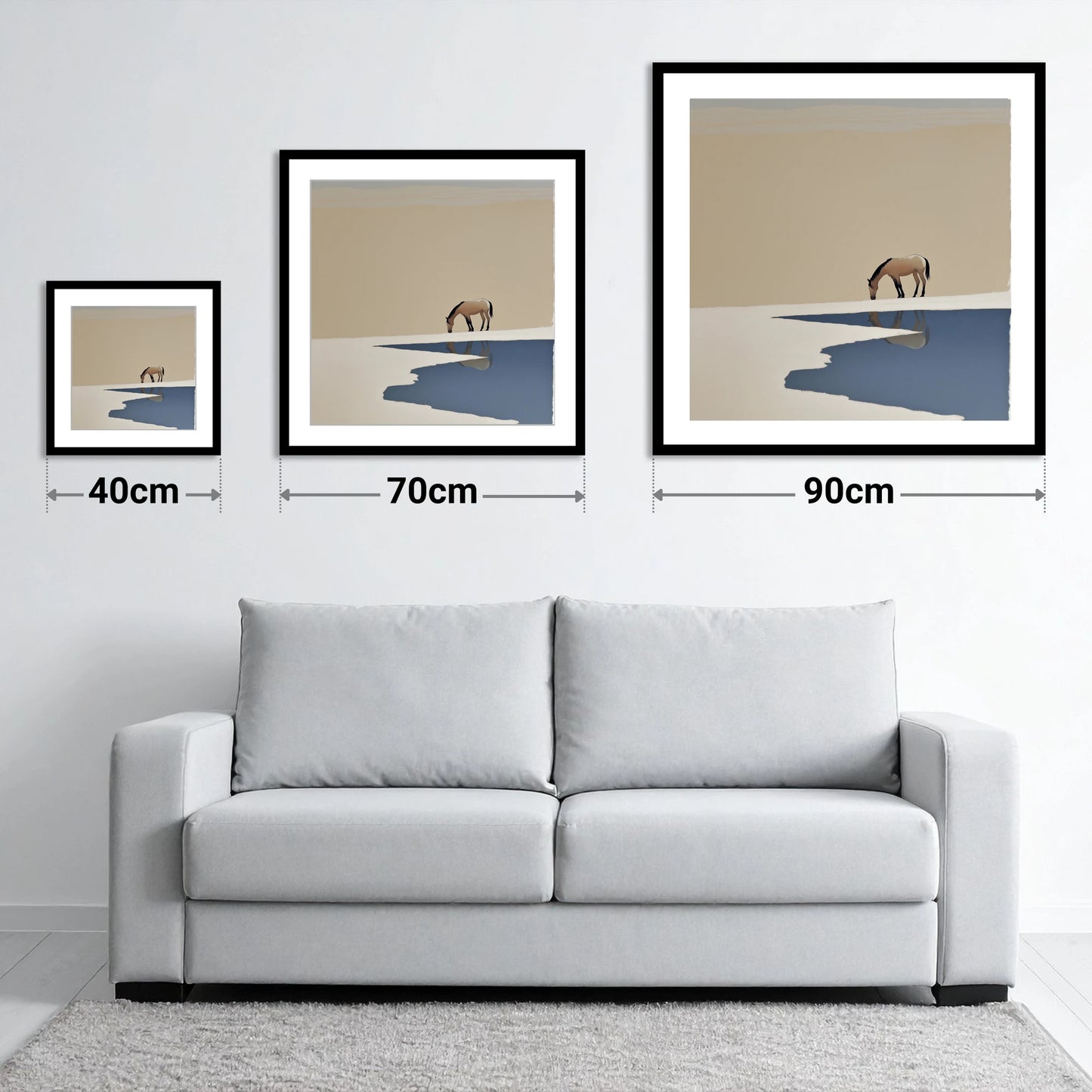 Solitary Reflection - size guide showing 40cm, 70cm and 90cm art prints