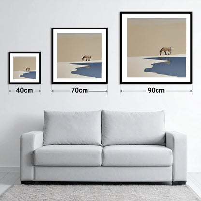 Solitary Reflection - size guide showing 40cm, 70cm and 90cm art prints