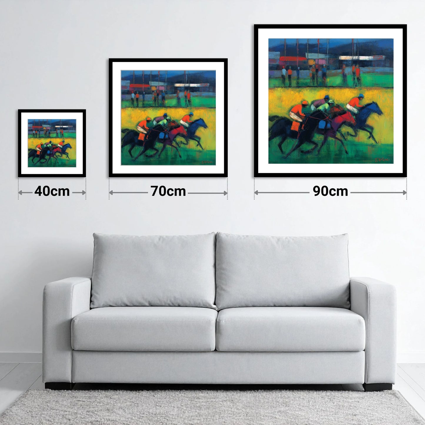 The Turf In Colour - size guide showing 40cm, 70cm and 90cm art prints