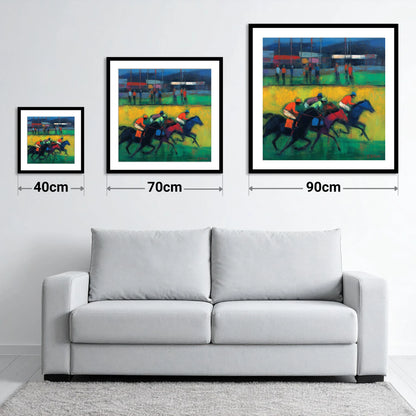 The Turf In Colour - size guide showing 40cm, 70cm and 90cm art prints
