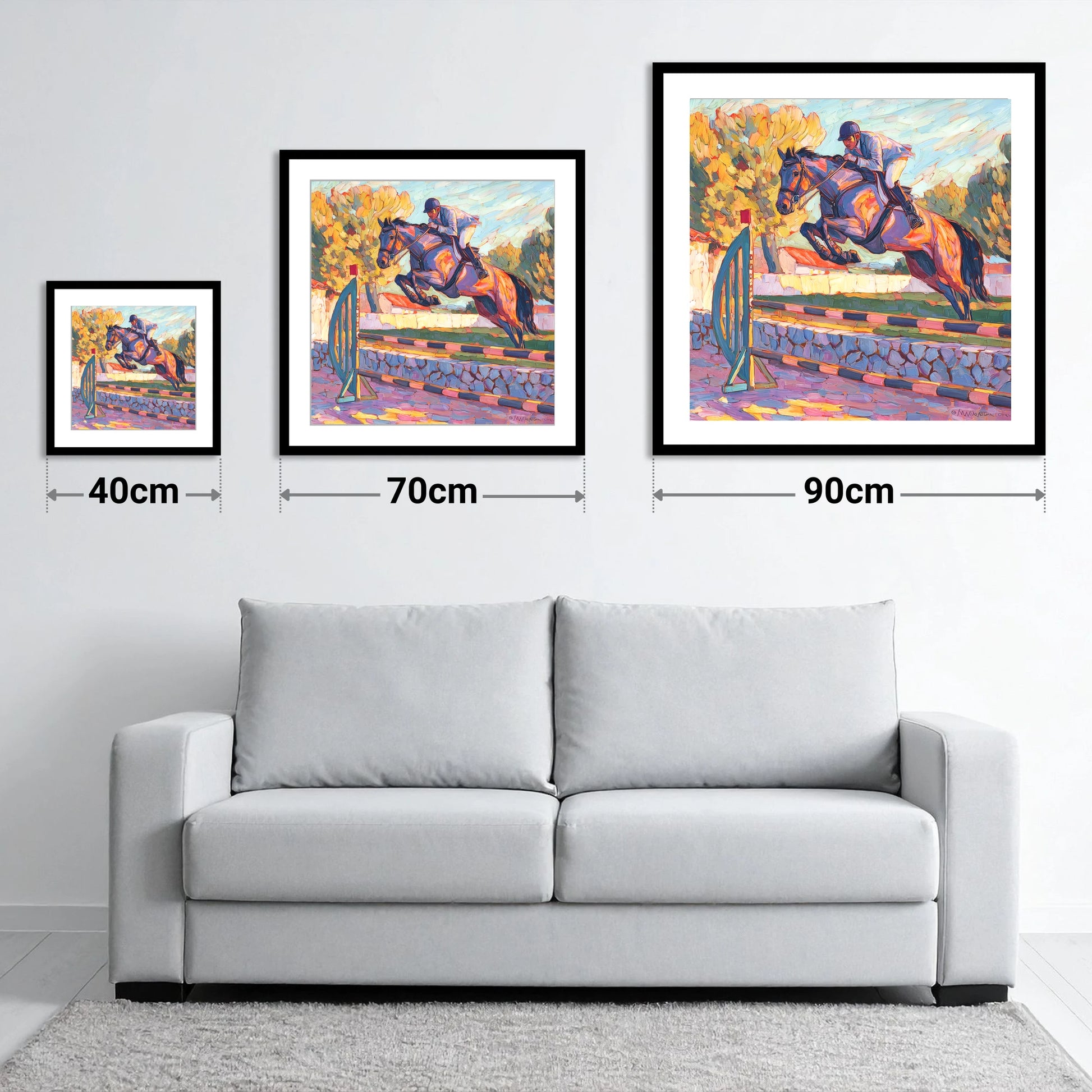 Sunset Flight - size guide showing 40cm, 70cm and 90cm art prints
