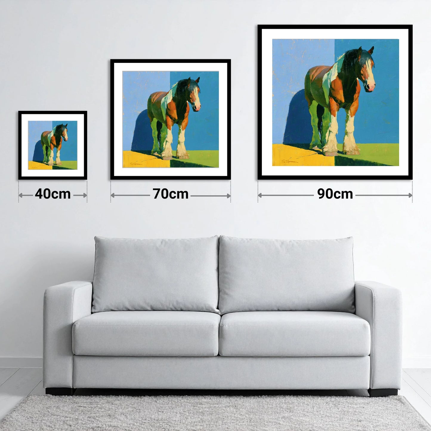 Heavy Horse in Bright Sunlight - size guide showing 40cm, 70cm and 90cm art prints
