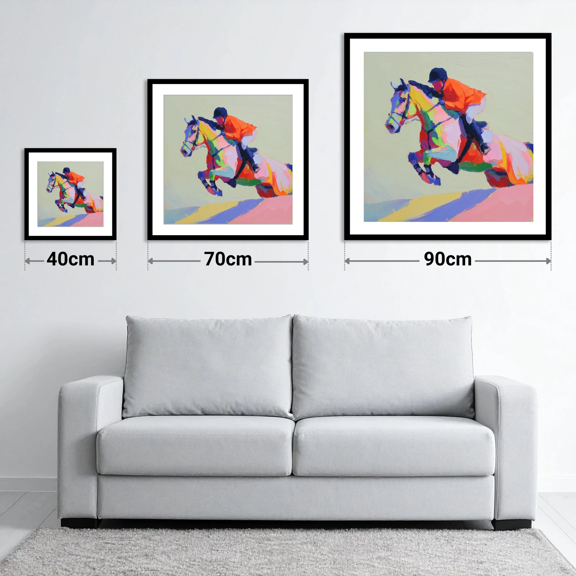Technicolour Flight - size guide showing 40cm, 70cm and 90cm art prints