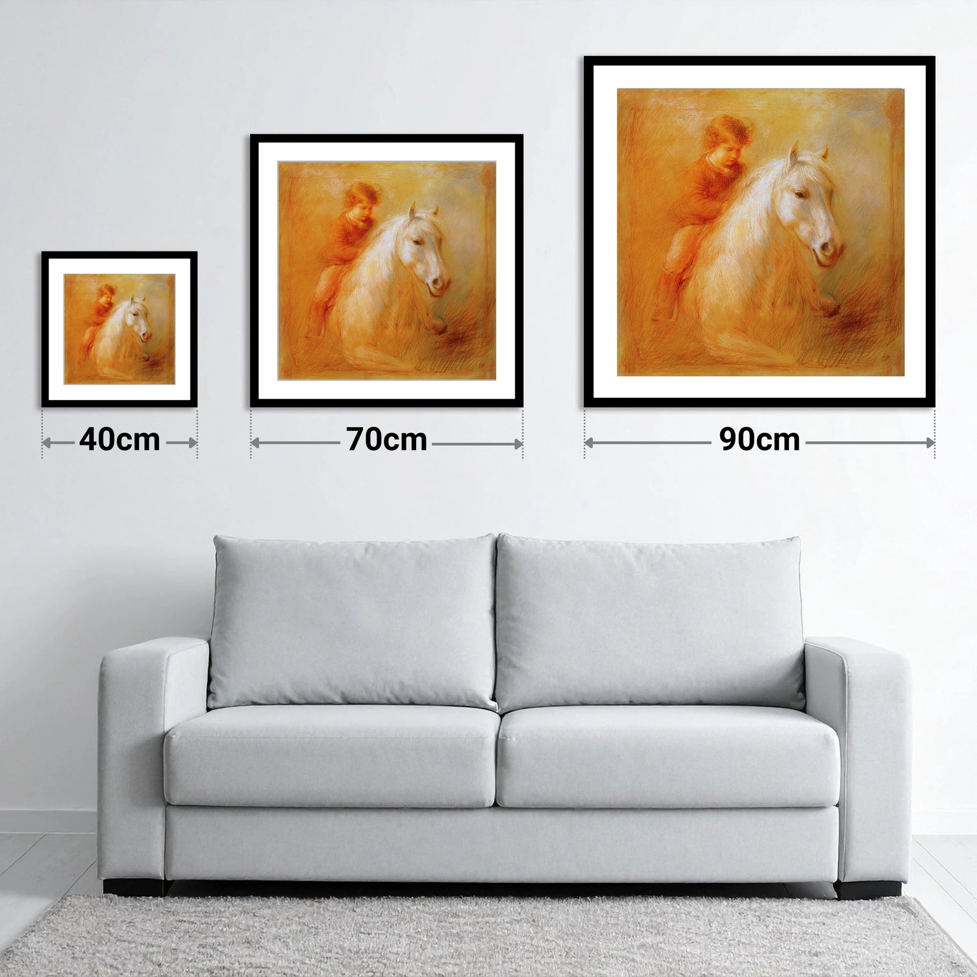 The Bareback Bond - size guide showing 40cm, 70cm and 90cm art prints