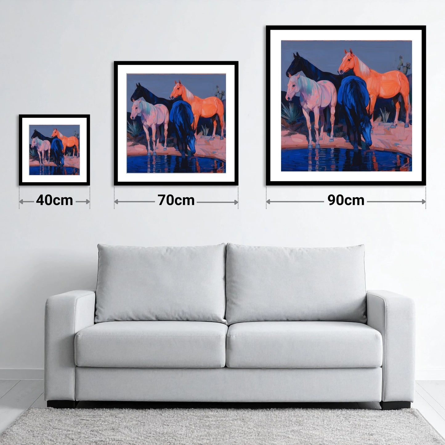 Vivid Desert Oasis - size guide showing 40cm, 70cm and 90cm art prints