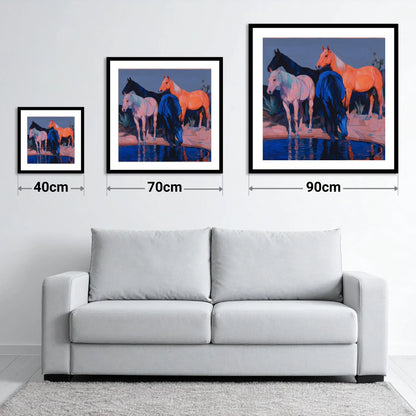 Vivid Desert Oasis - size guide showing 40cm, 70cm and 90cm art prints