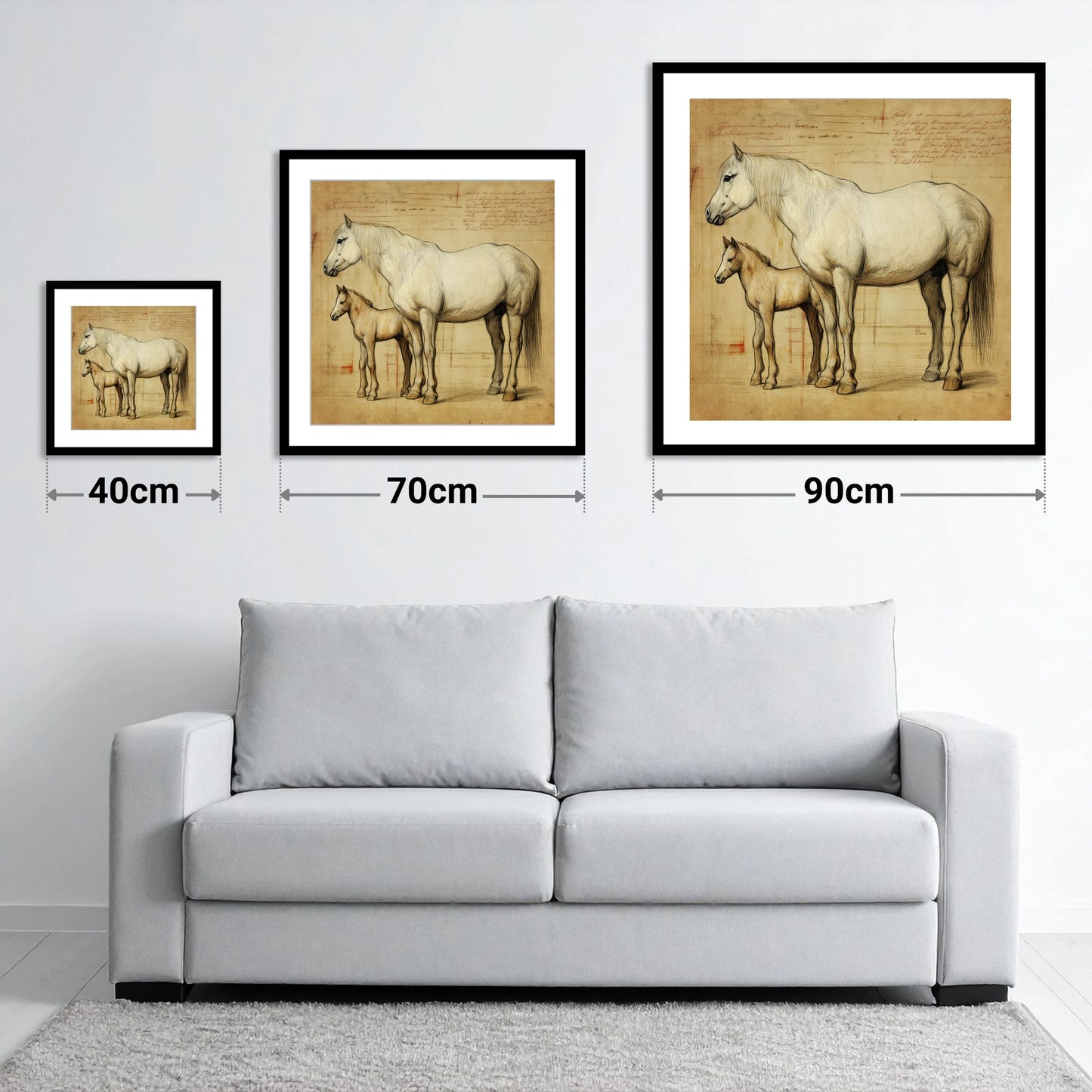 Heritage Mare and Foal Sketch - size guide showing 40cm, 70cm and 90cm art prints