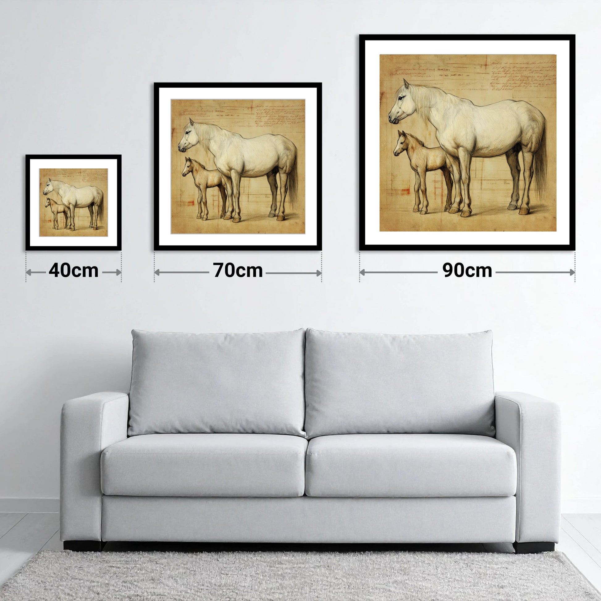 Heritage Mare and Foal Sketch - size guide showing 40cm, 70cm and 90cm art prints