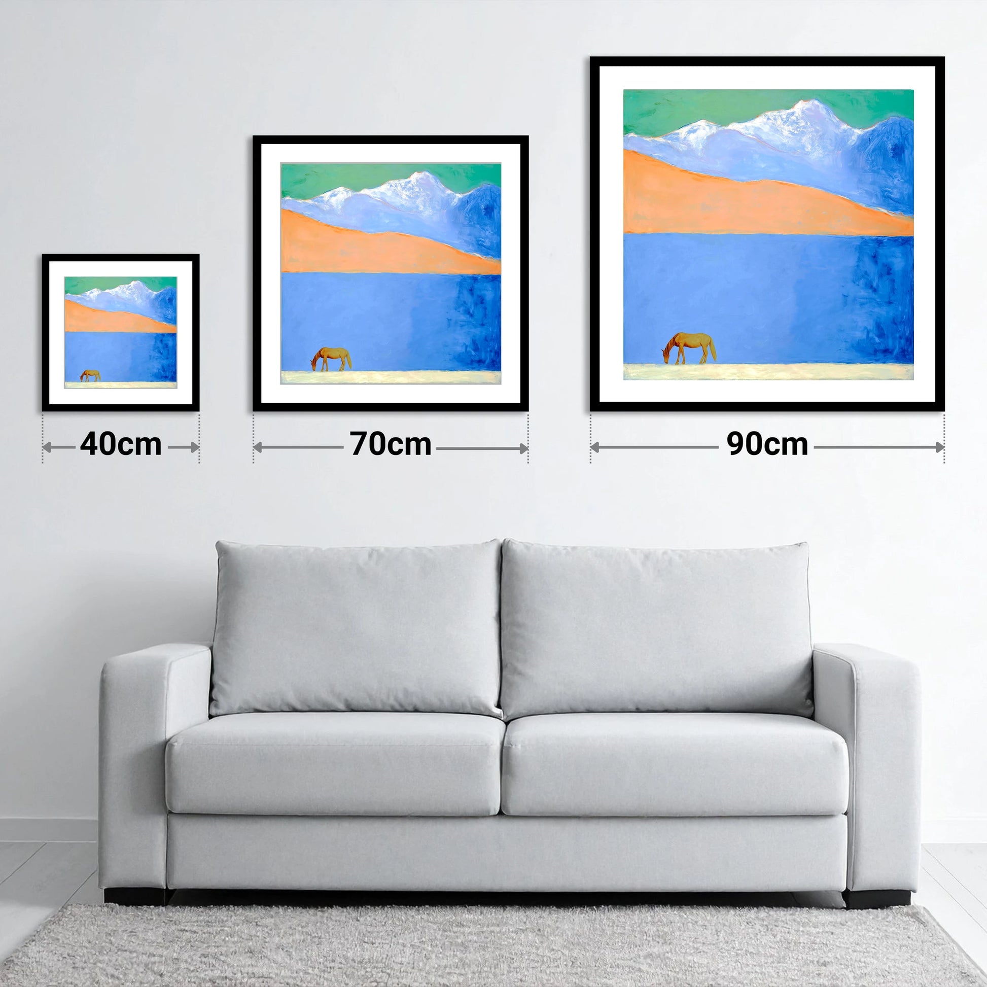 Alpine Solitude - size guide showing 40cm, 70cm and 90cm art prints