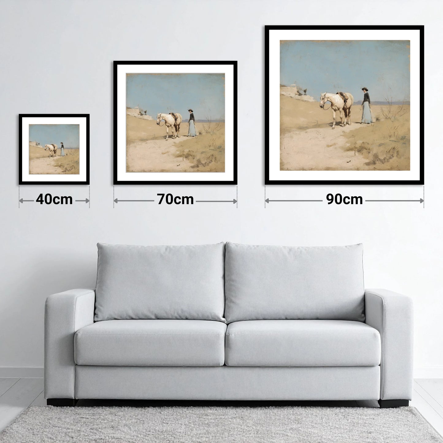 The Long Ride Home - size guide showing 40cm, 70cm and 90cm art prints