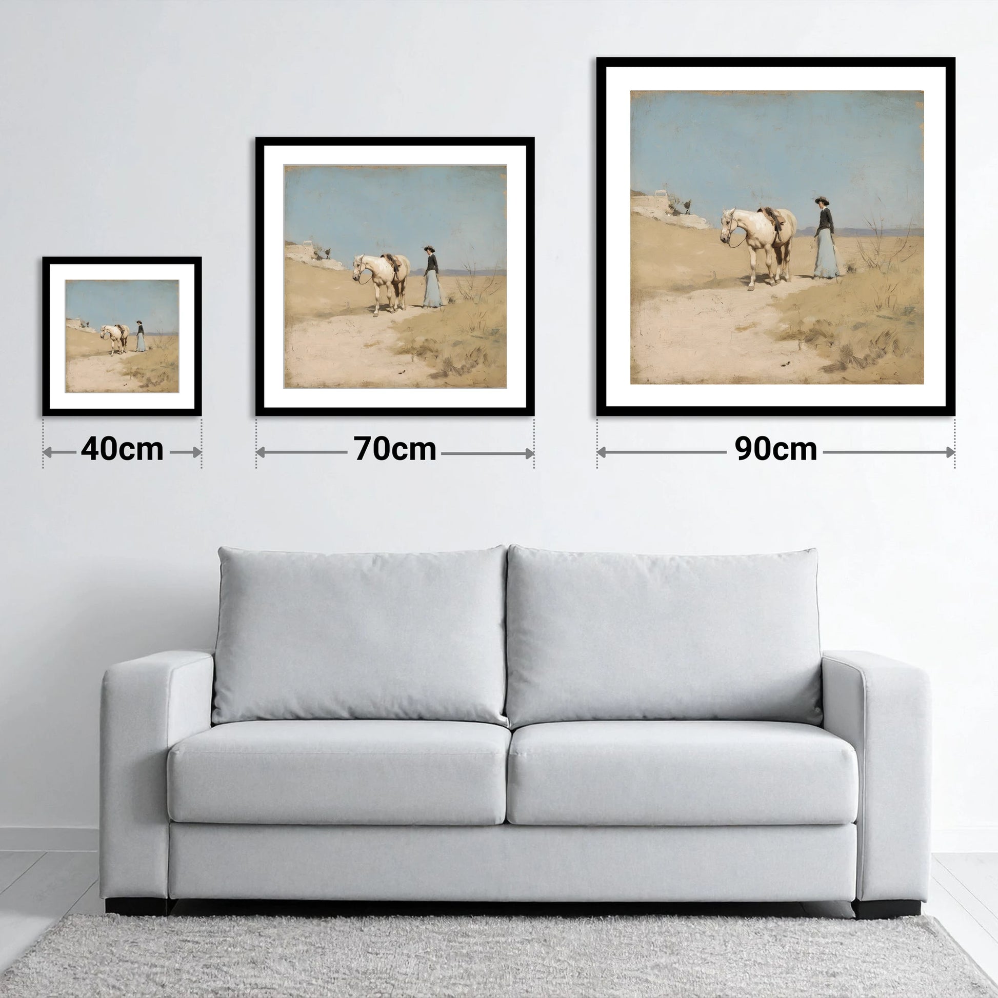 The Long Ride Home - size guide showing 40cm, 70cm and 90cm art prints