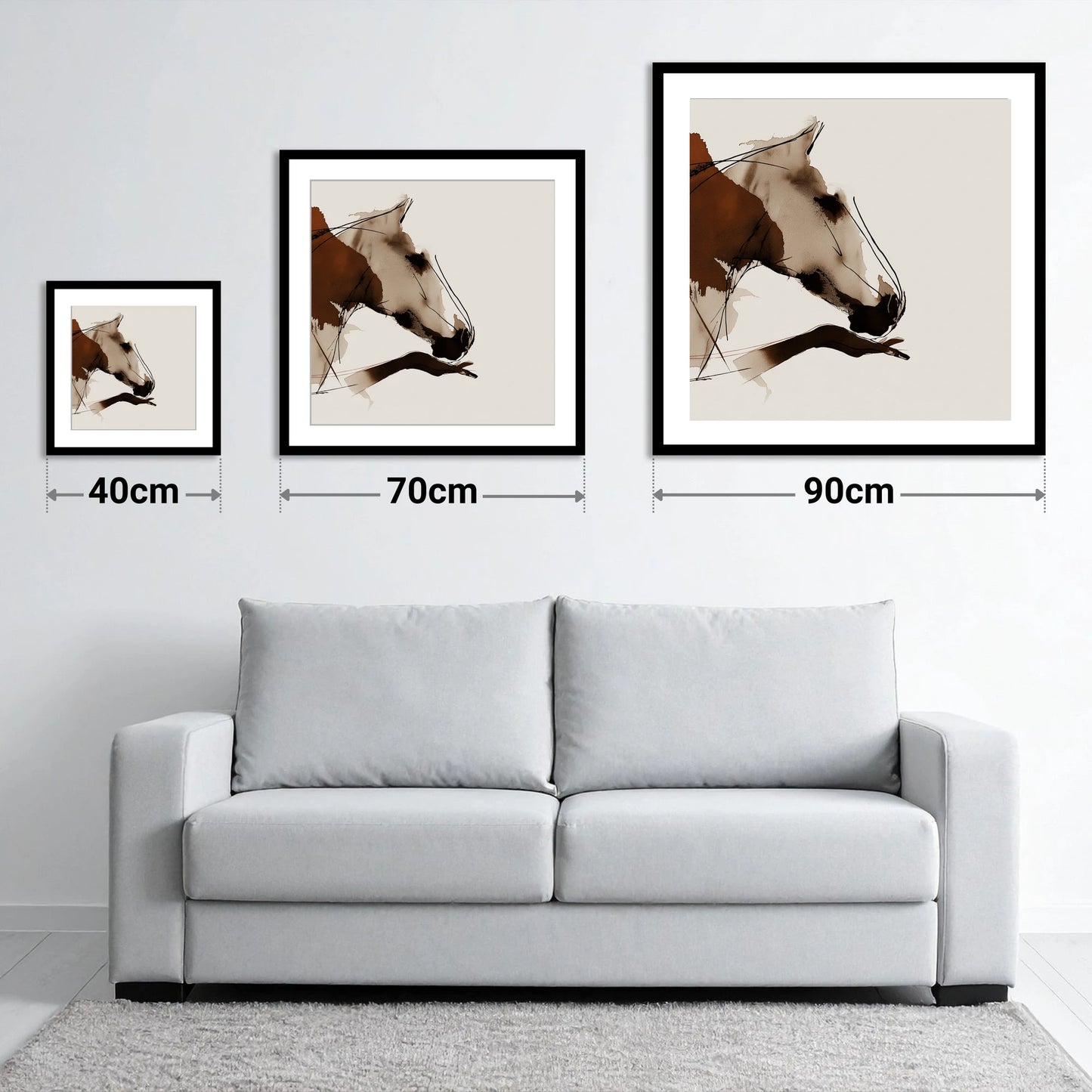Unspoken Bond - size guide showing 40cm, 70cm and 90cm art prints