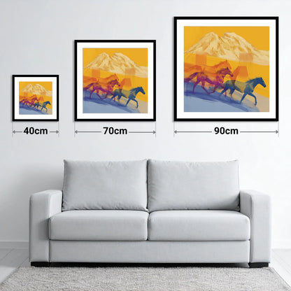 Golden Mountain Canter - size guide showing 40cm, 70cm and 90cm art prints