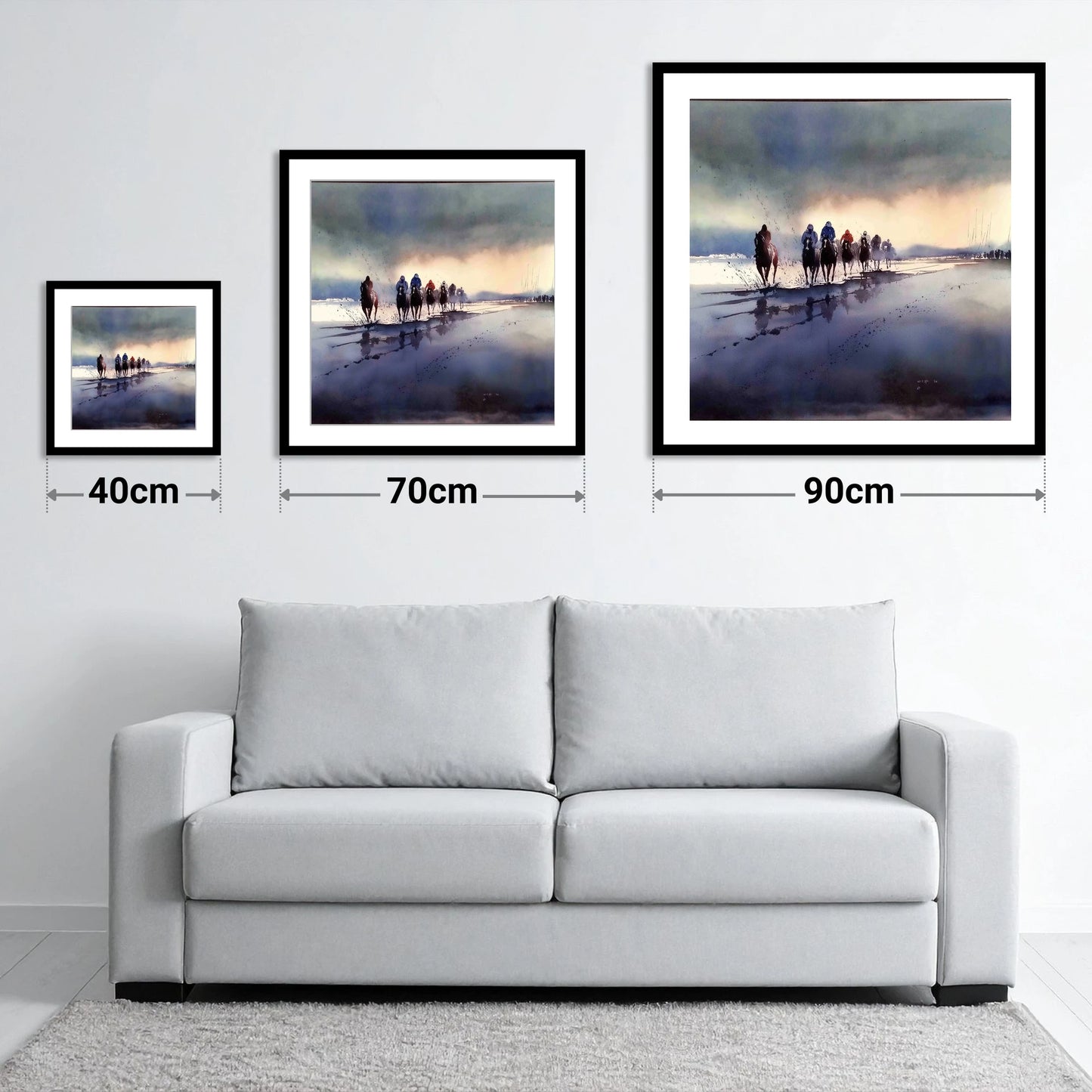 Morning Beach Gallops - size guide showing 40cm, 70cm and 90cm art prints