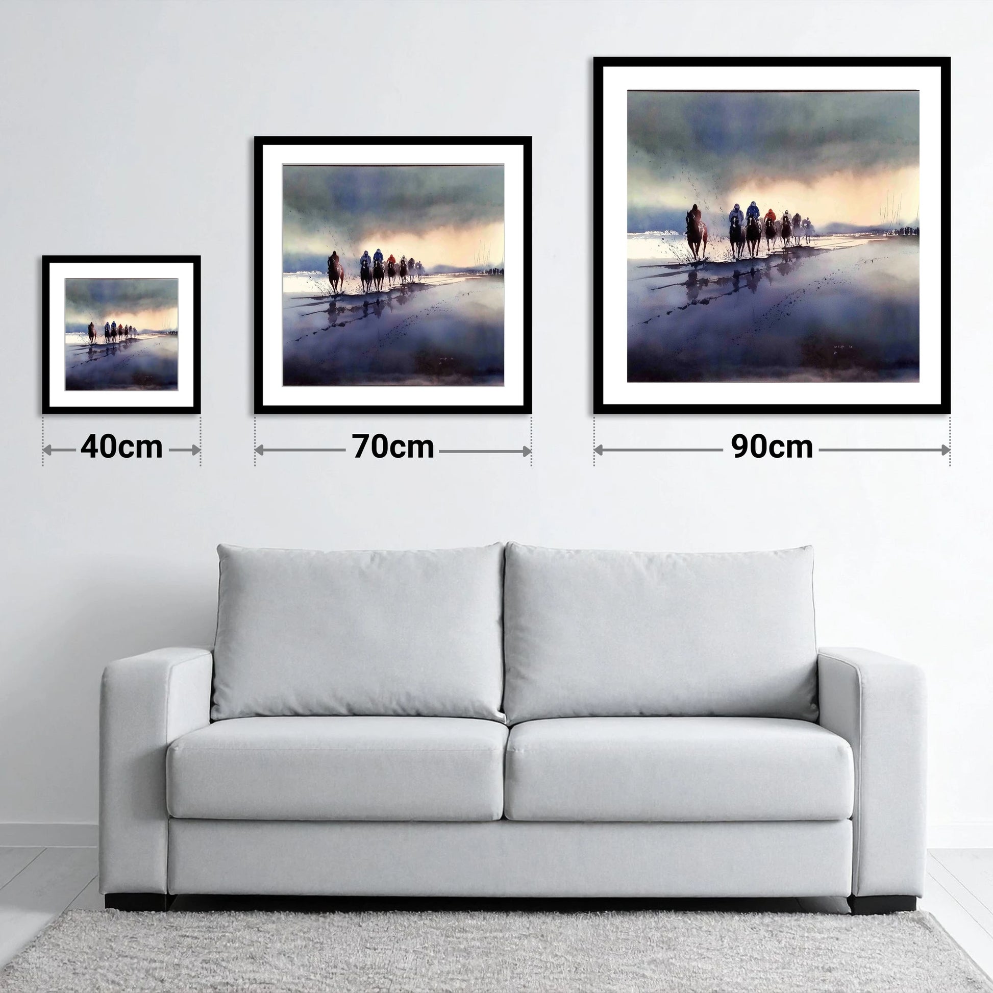 Morning Beach Gallops - size guide showing 40cm, 70cm and 90cm art prints