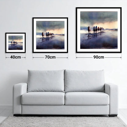 Morning Beach Gallops - size guide showing 40cm, 70cm and 90cm art prints