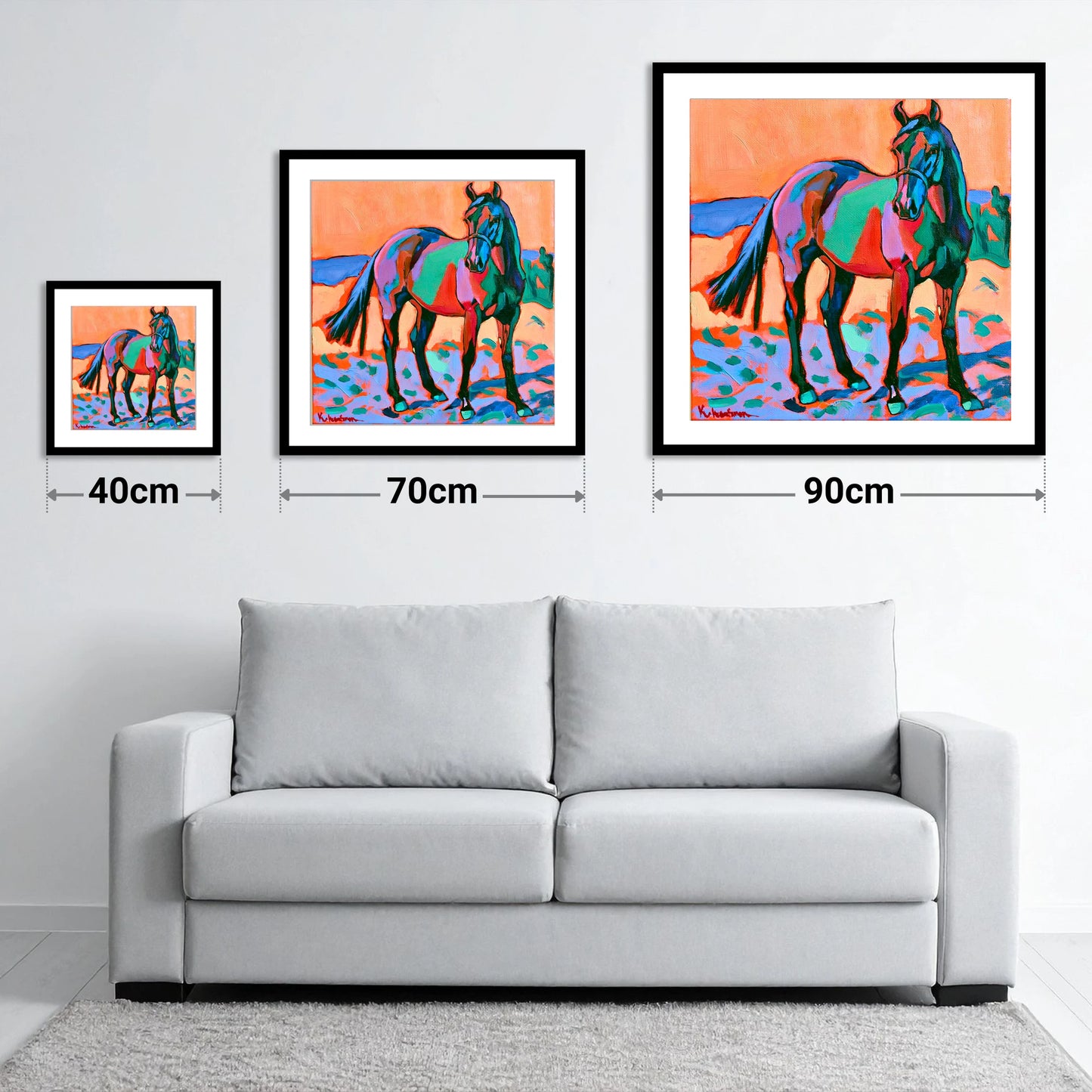 Vivid Turquoise And Purple Horse - size guide showing 40cm, 70cm and 90cm art prints