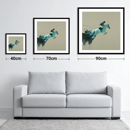 Momentum in Teal - size guide showing 40cm, 70cm and 90cm art prints