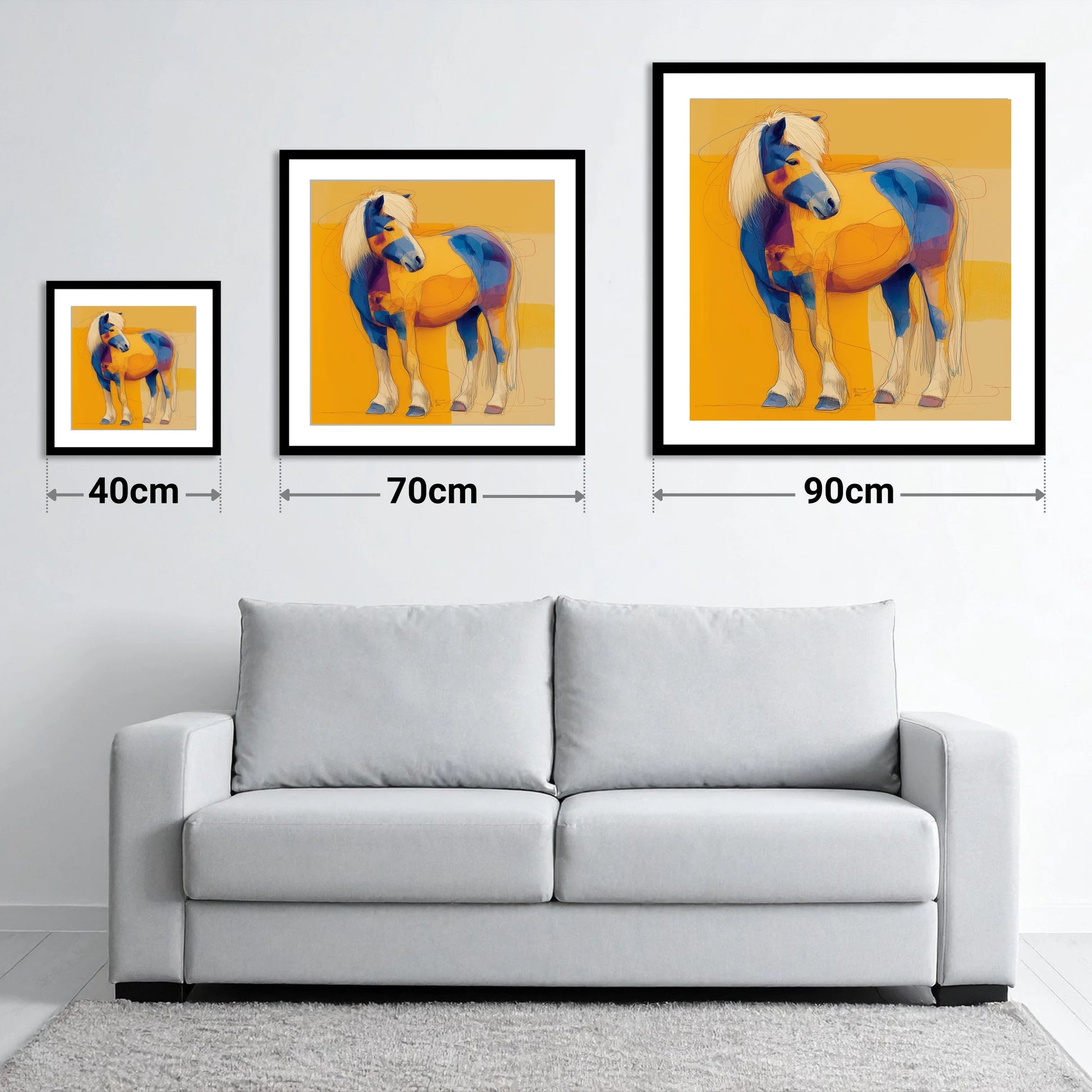 Vibrant Native Spirit - size guide showing 40cm, 70cm and 90cm art prints