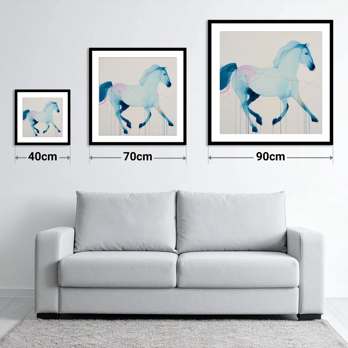 Fluid Azure Grace - size guide showing 40cm, 70cm and 90cm art prints
