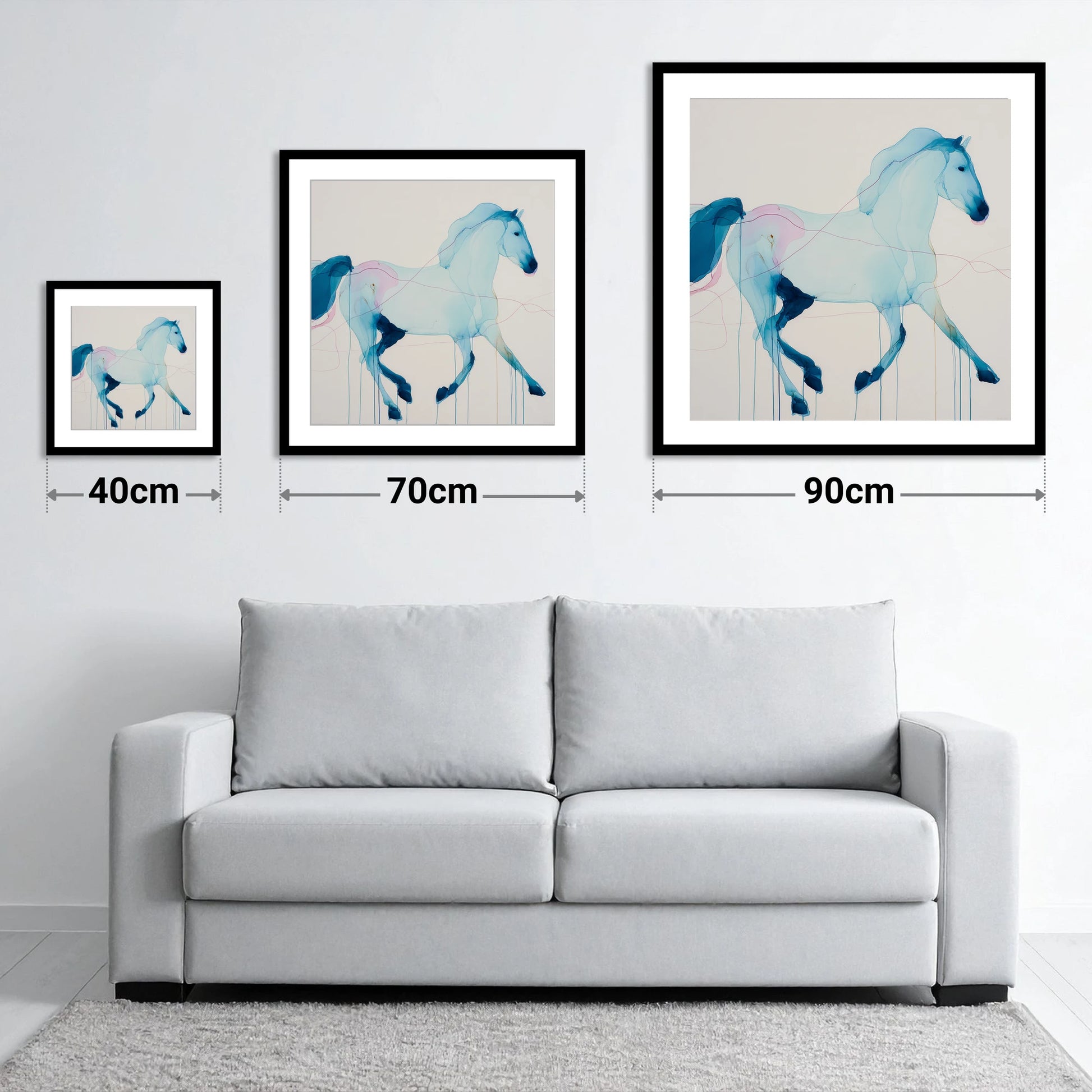 Fluid Azure Grace - size guide showing 40cm, 70cm and 90cm art prints