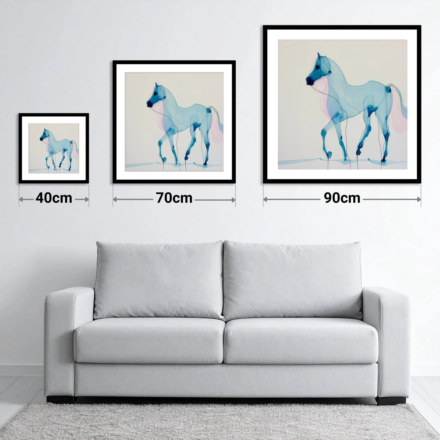 Cerulean Grace - size guide showing 40cm, 70cm and 90cm art prints