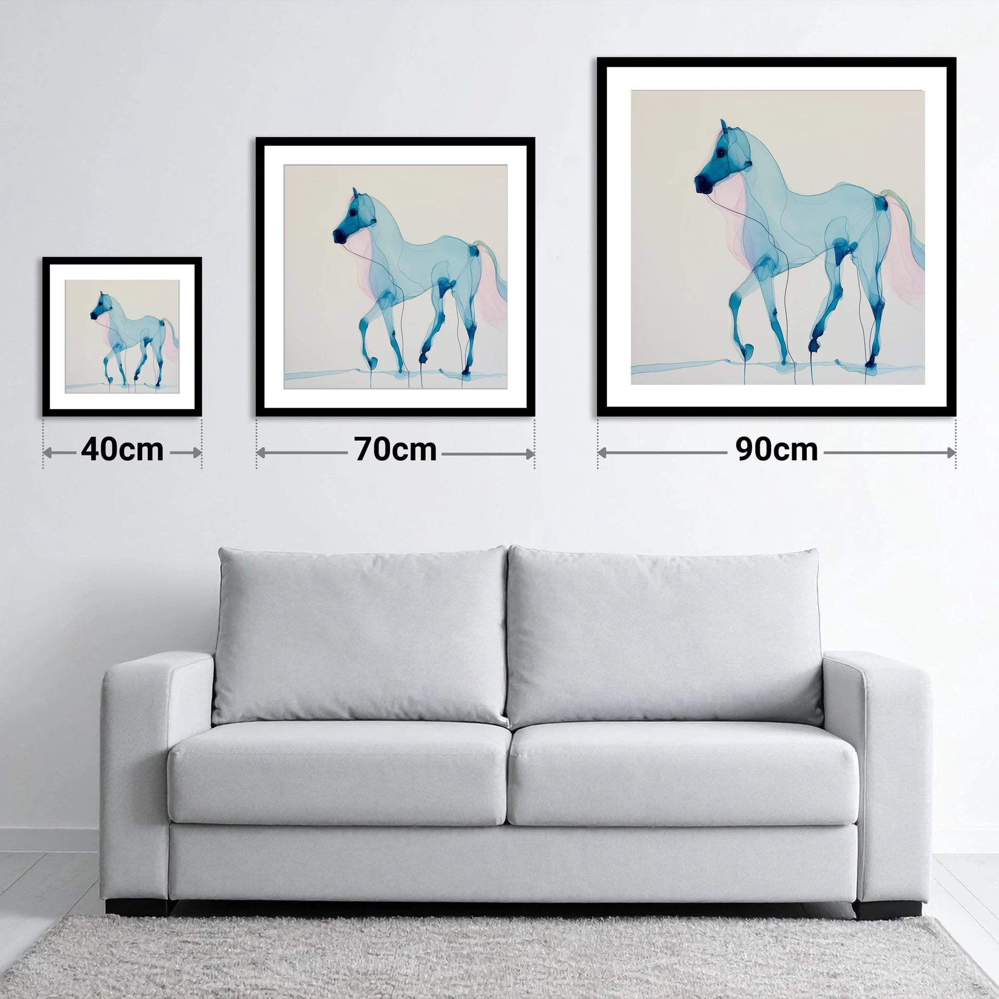Cerulean Grace - size guide showing 40cm, 70cm and 90cm art prints