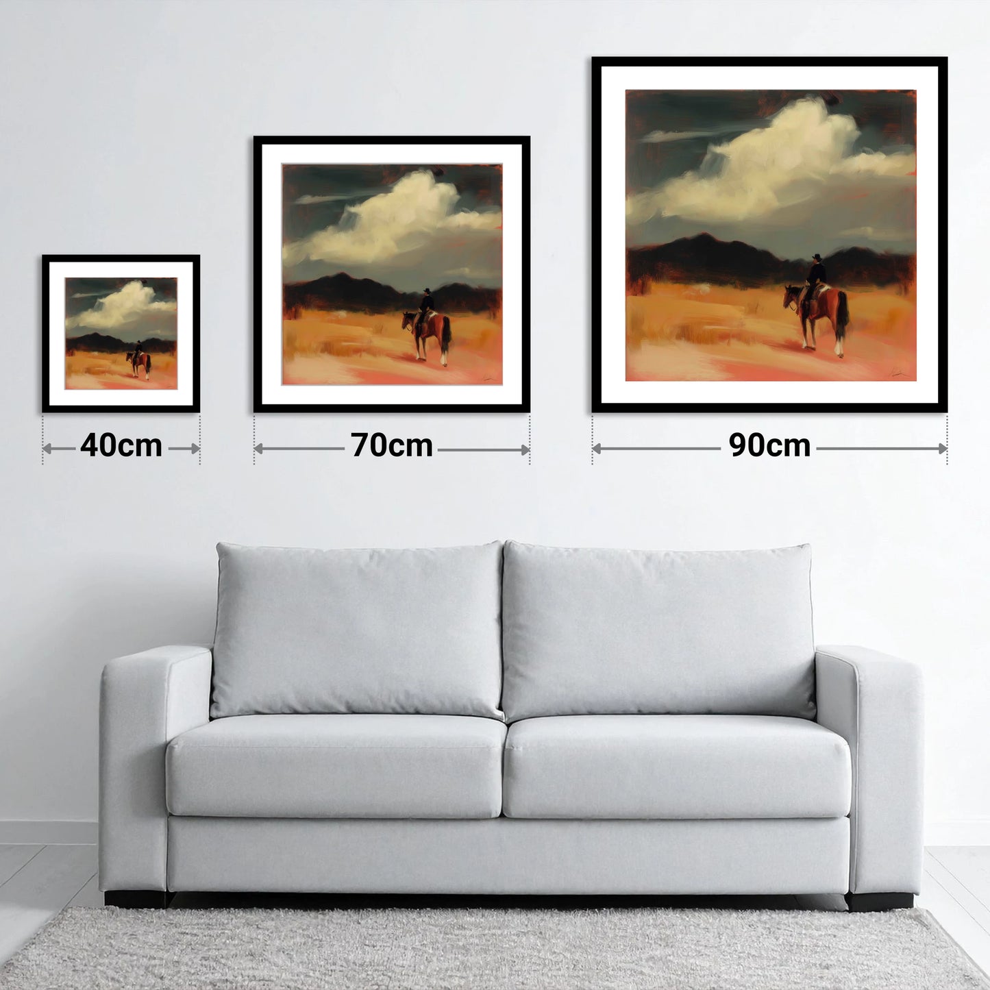 Distant Horizons - size guide showing 40cm, 70cm and 90cm art prints