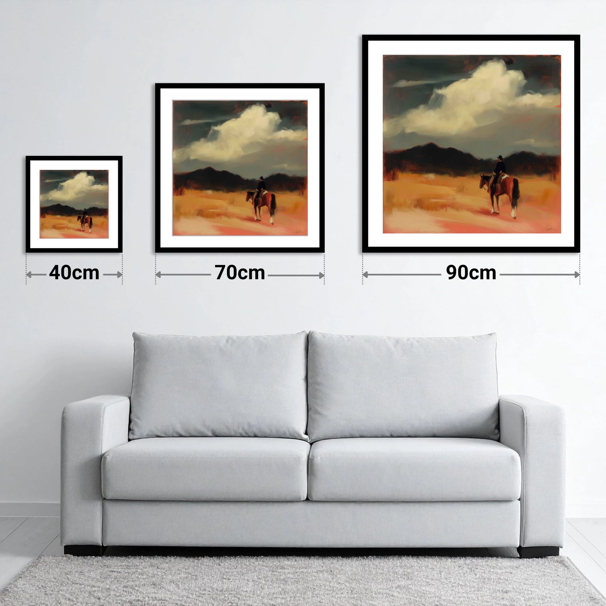 Distant Horizons - size guide showing 40cm, 70cm and 90cm art prints