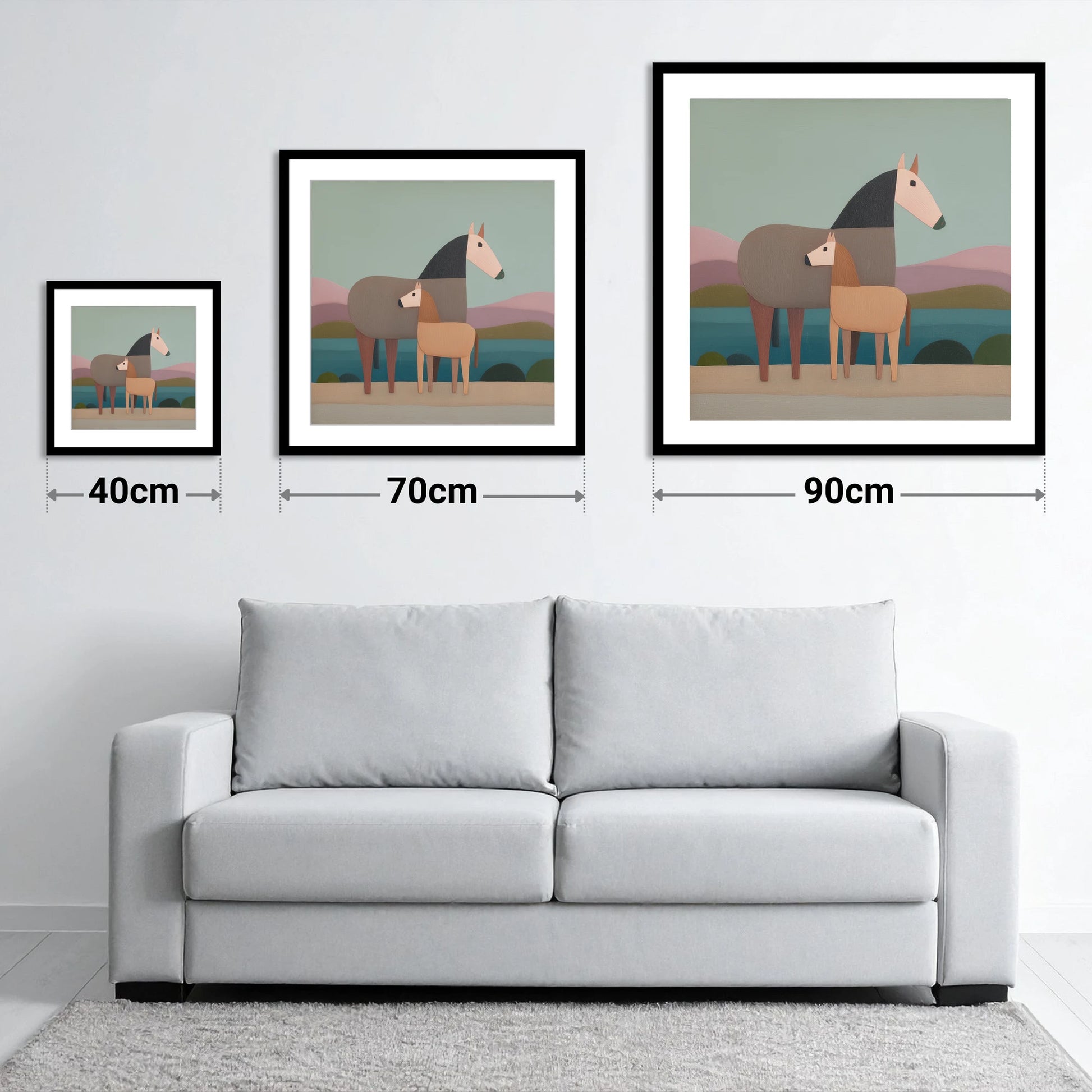 Stylised Equine Harmony - size guide showing 40cm, 70cm and 90cm art prints