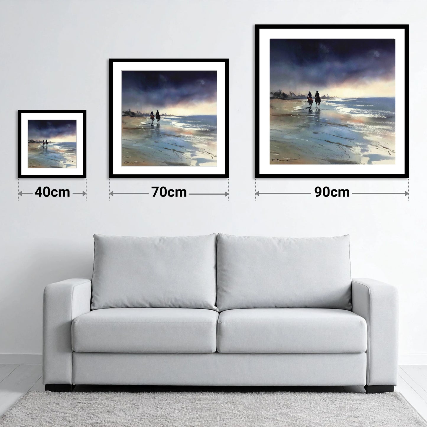 Shadows on the Shore - size guide showing 40cm, 70cm and 90cm art prints