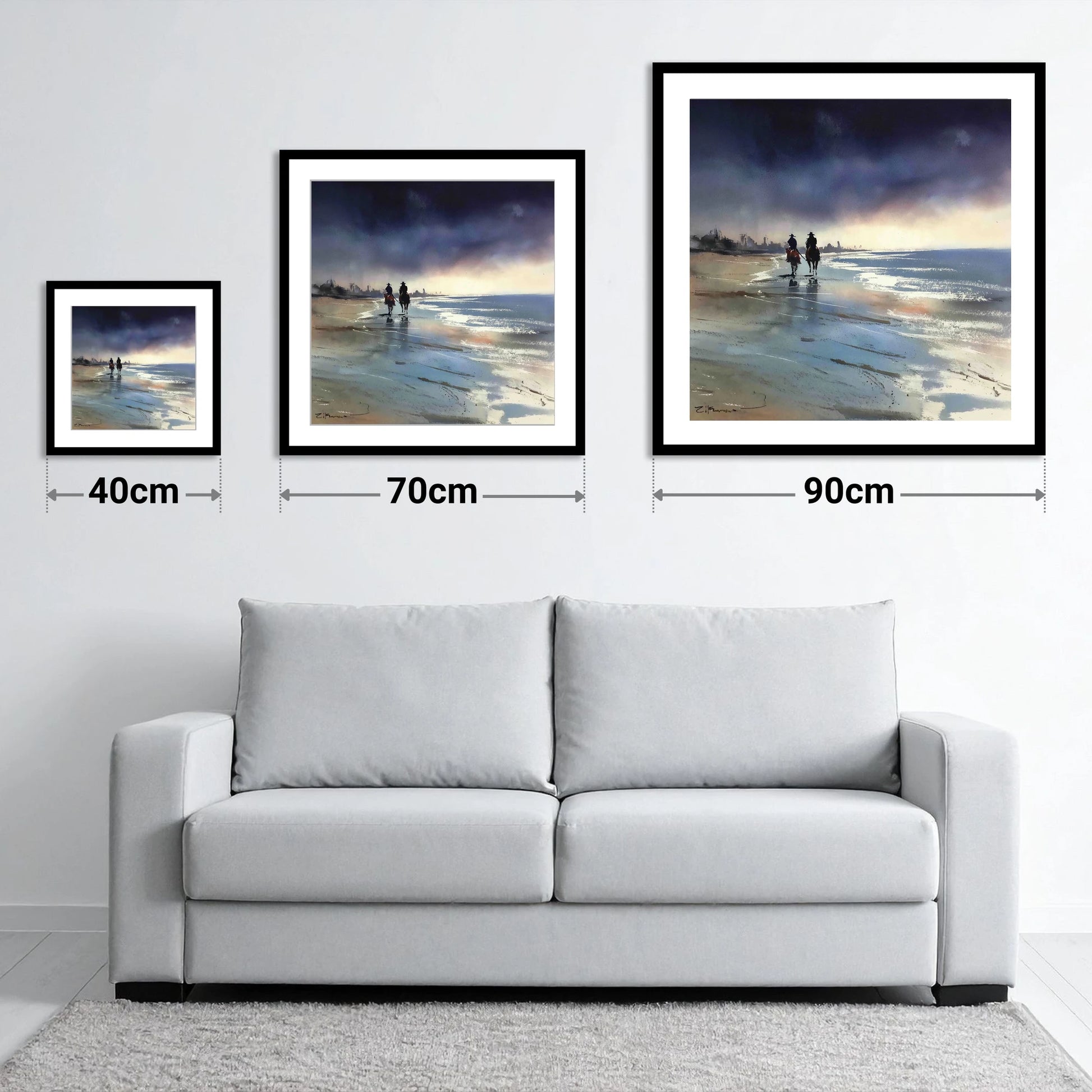 Shadows on the Shore - size guide showing 40cm, 70cm and 90cm art prints