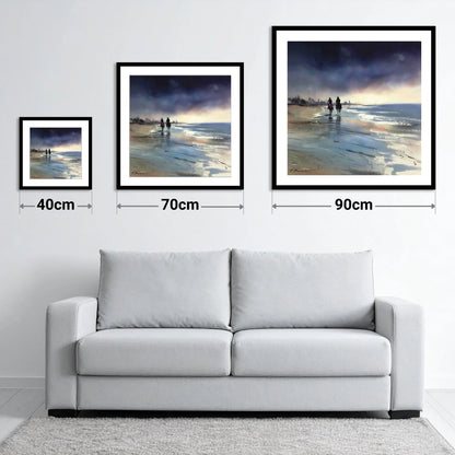 Shadows on the Shore - size guide showing 40cm, 70cm and 90cm art prints