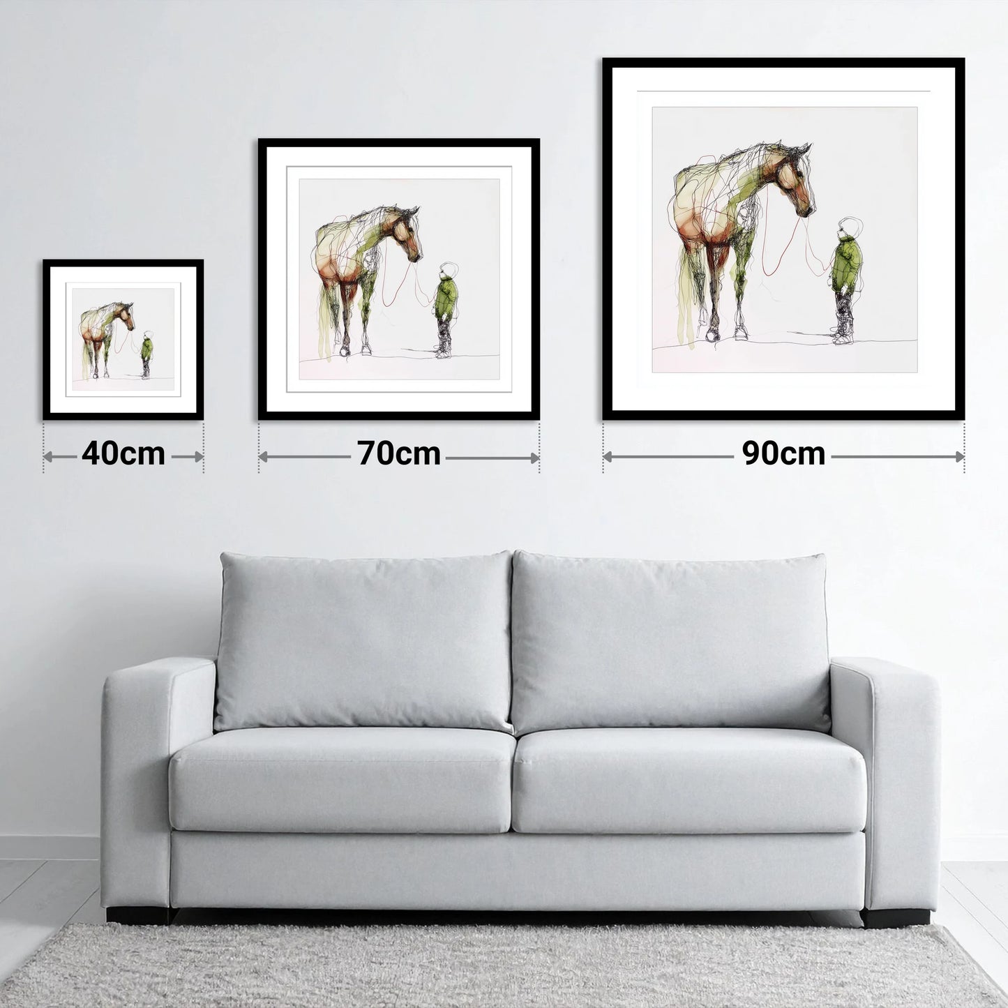 Quiet Connection - size guide showing 40cm, 70cm and 90cm art prints