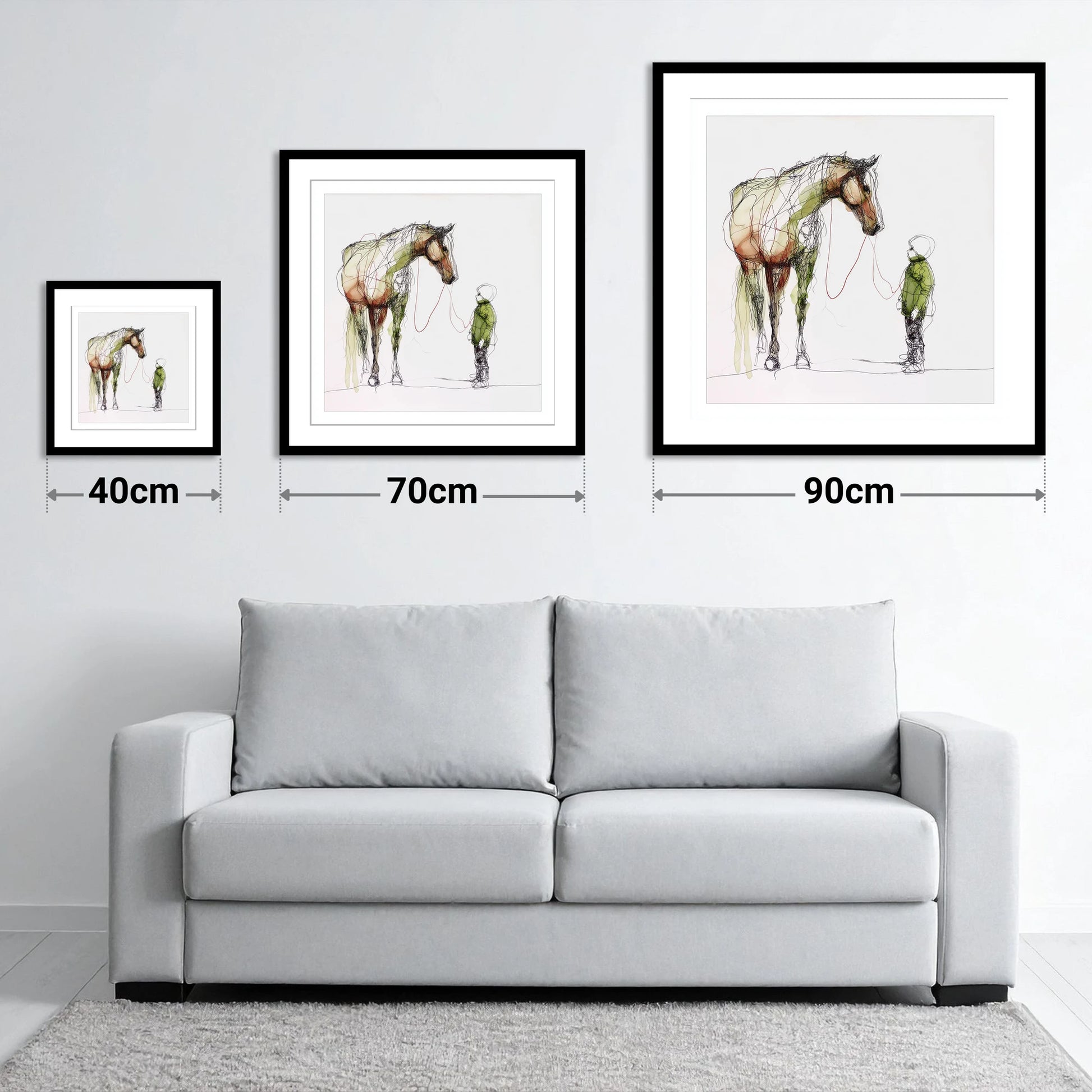 Quiet Connection - size guide showing 40cm, 70cm and 90cm art prints