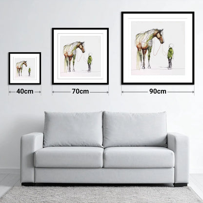 Quiet Connection - size guide showing 40cm, 70cm and 90cm art prints