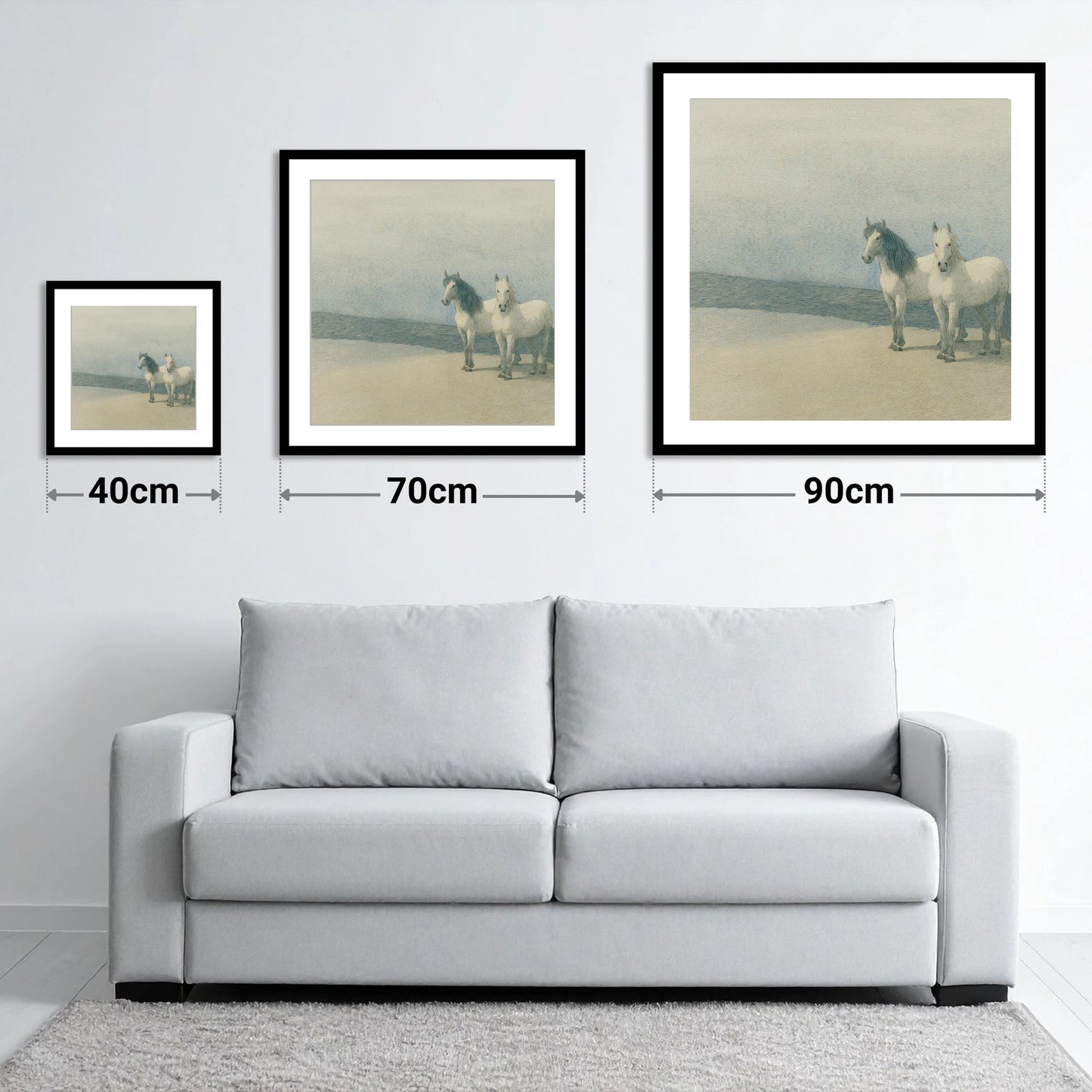 Slate Blue Companions - size guide showing 40cm, 70cm and 90cm art prints