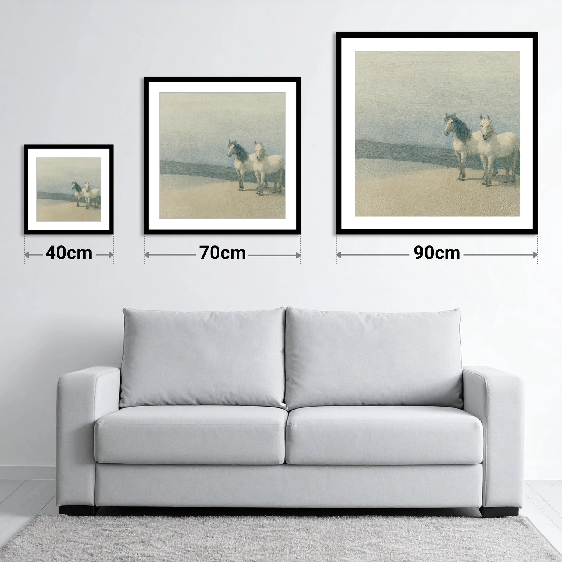 Slate Blue Companions - size guide showing 40cm, 70cm and 90cm art prints