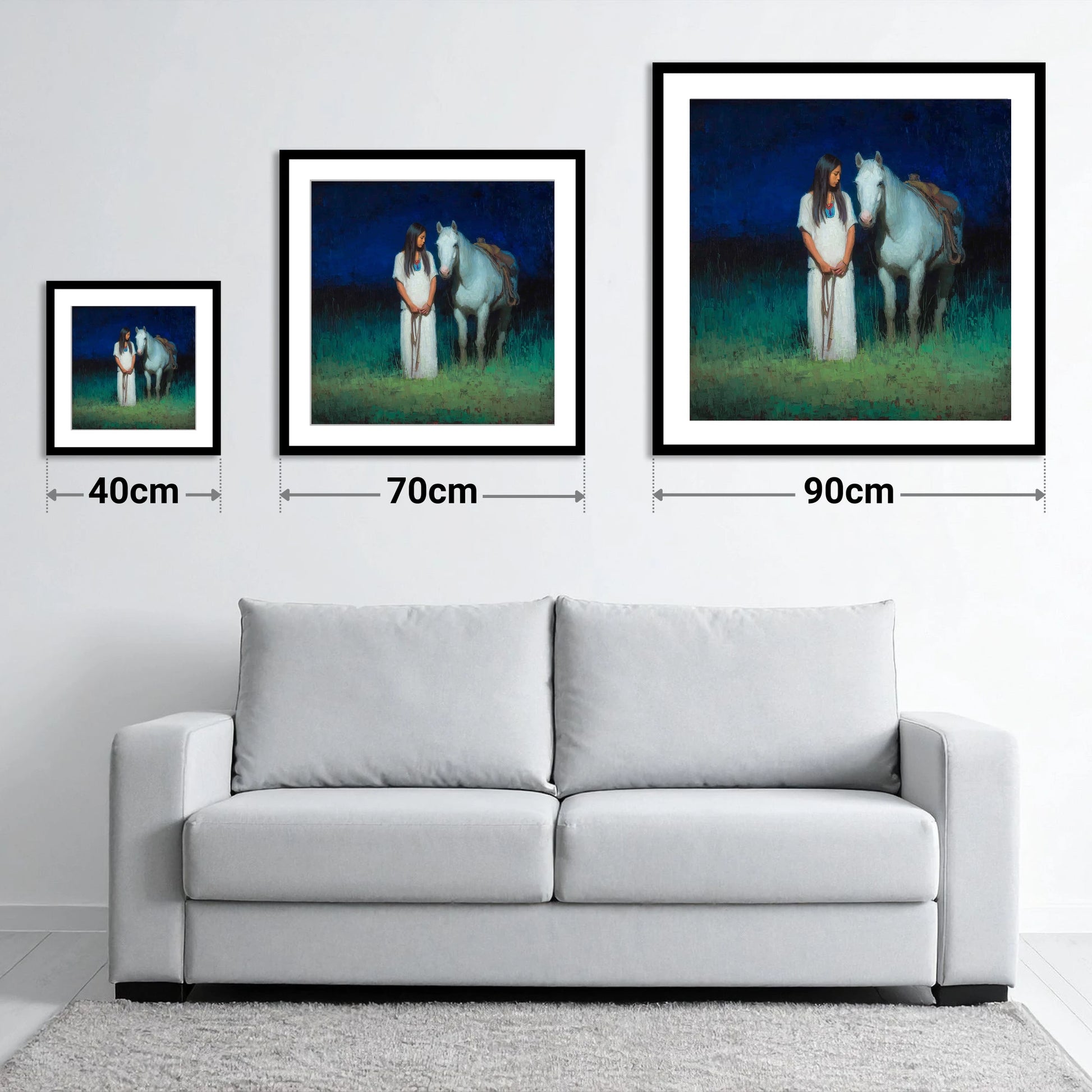 Quiet Night Vigil - size guide showing 40cm, 70cm and 90cm art prints