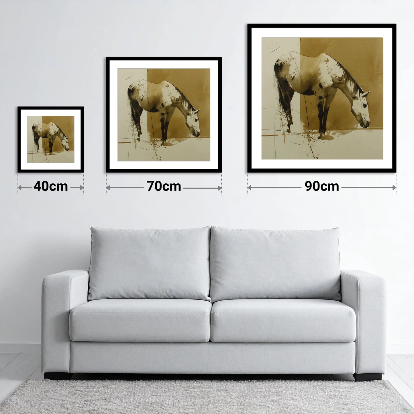 Sepia Ink Appaloosa - size guide showing 40cm, 70cm and 90cm art prints