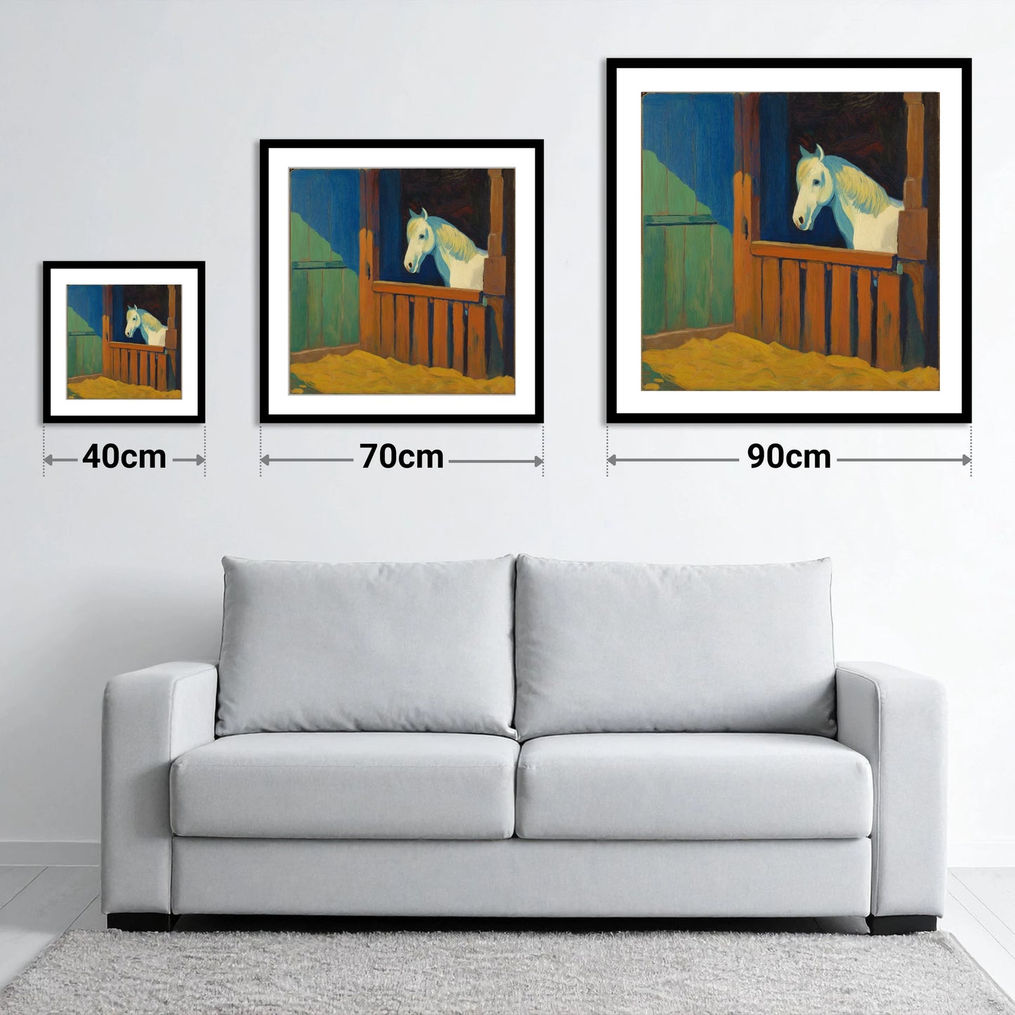 The Blue Shadowed Grey - size guide showing 40cm, 70cm and 90cm art prints