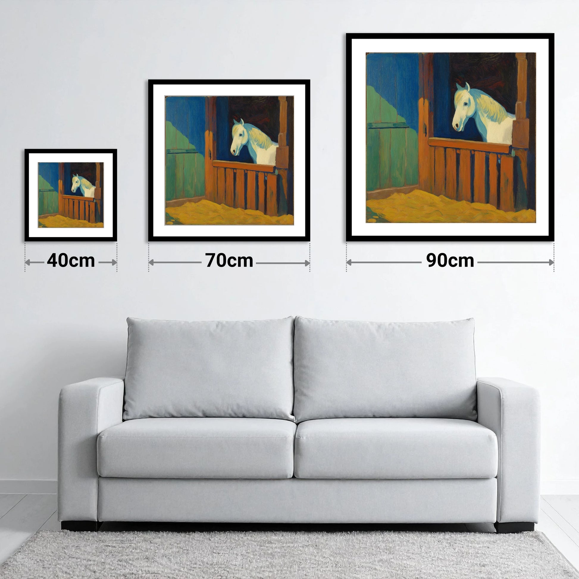 The Blue Shadowed Grey - size guide showing 40cm, 70cm and 90cm art prints