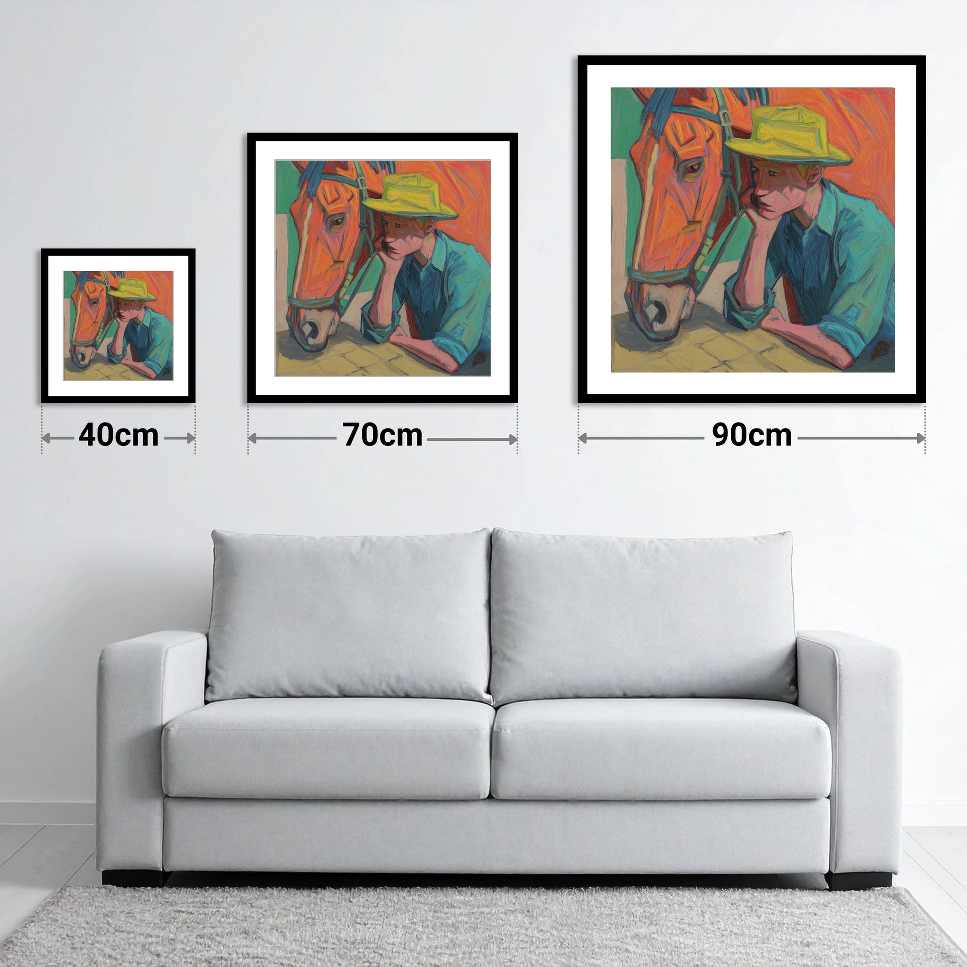 Quiet Companionship - size guide showing 40cm, 70cm and 90cm art prints