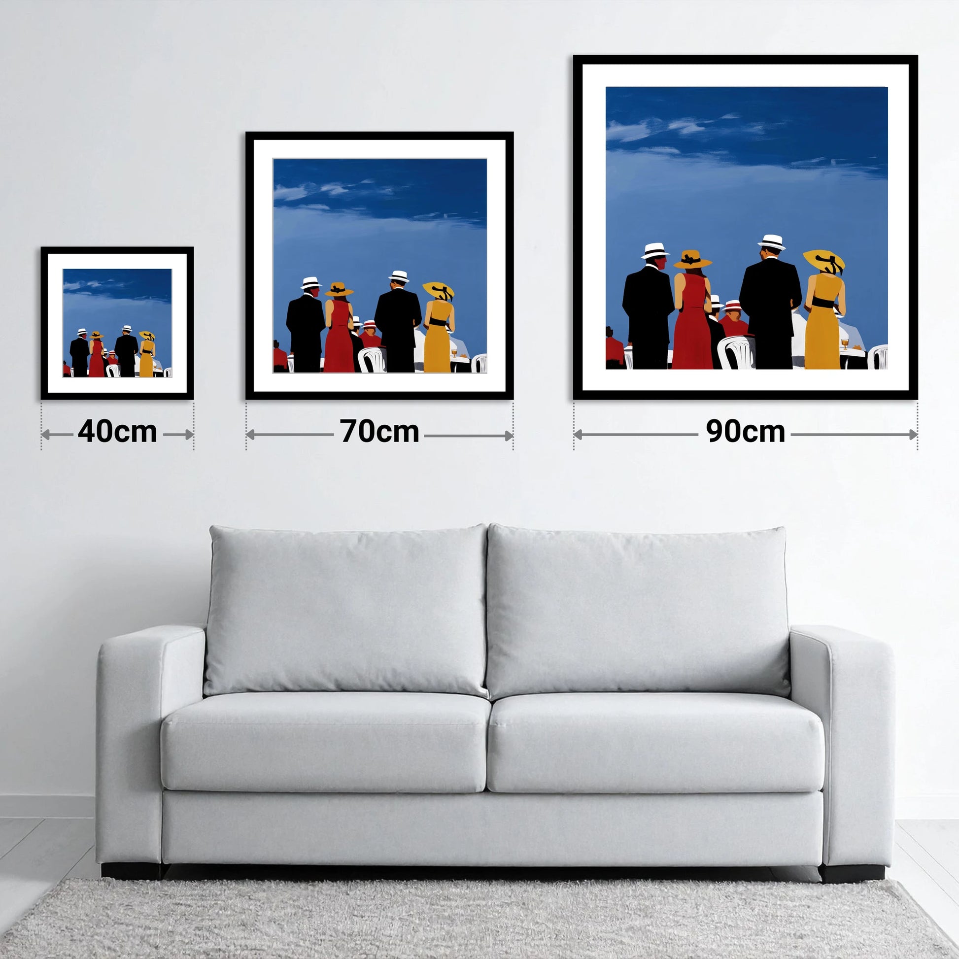 Race Day Elegance - size guide showing 40cm, 70cm and 90cm art prints