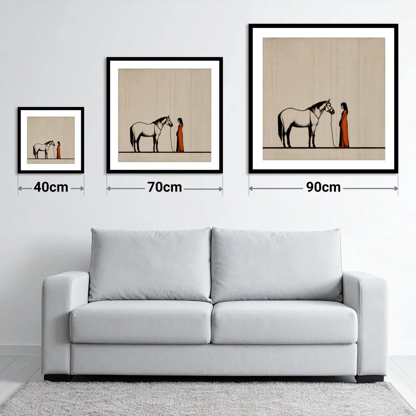 The Shared Silence - size guide showing 40cm, 70cm and 90cm art prints