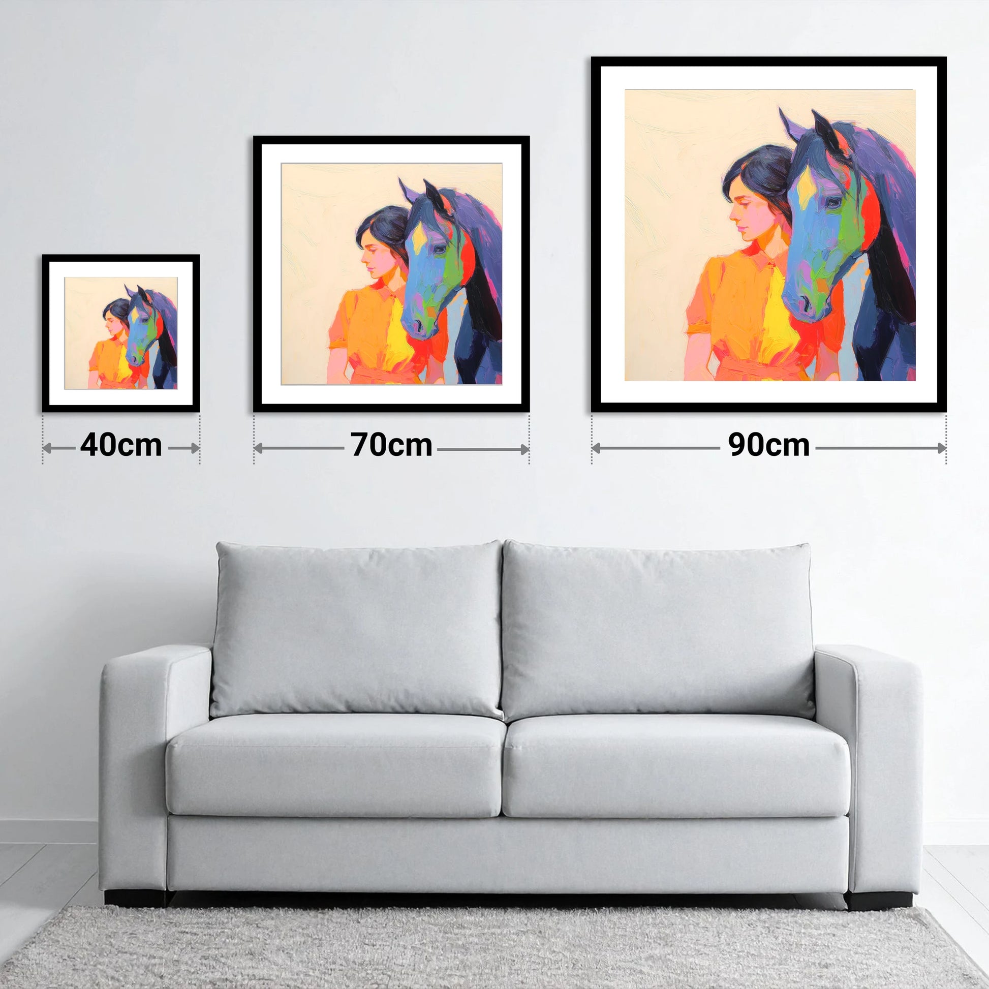 Vivid Companion - size guide showing 40cm, 70cm and 90cm art prints